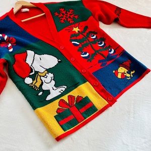 Christmas Sweater Snoopy Vintage Cardigan Women L Peanuts Dog Holiday Oversized